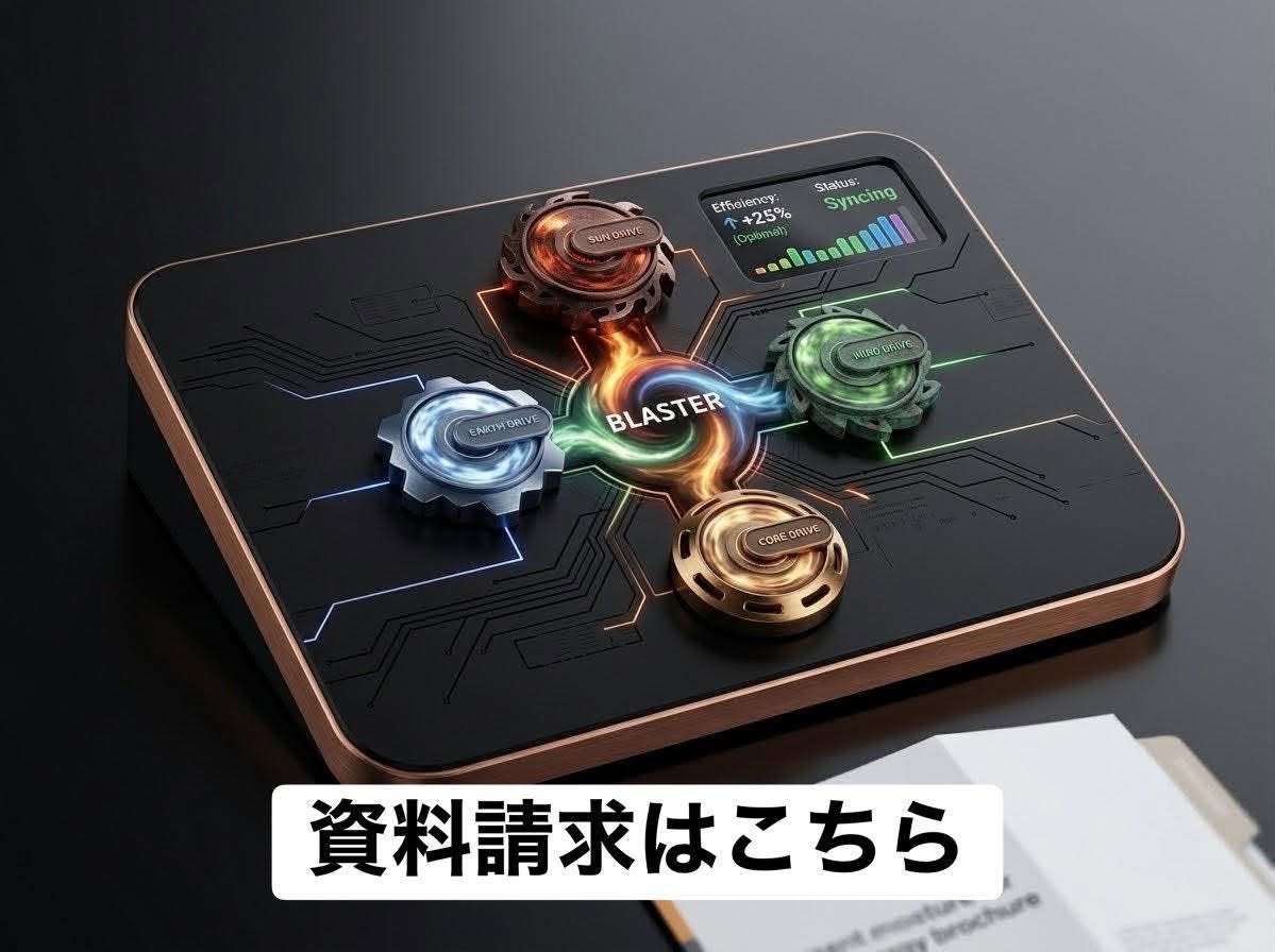 4つの熱源のドライブが BLASTER を囲んで並んだ装置の模型と、隣に置かれた資料。「資料請求はこちら」の文字が入っている