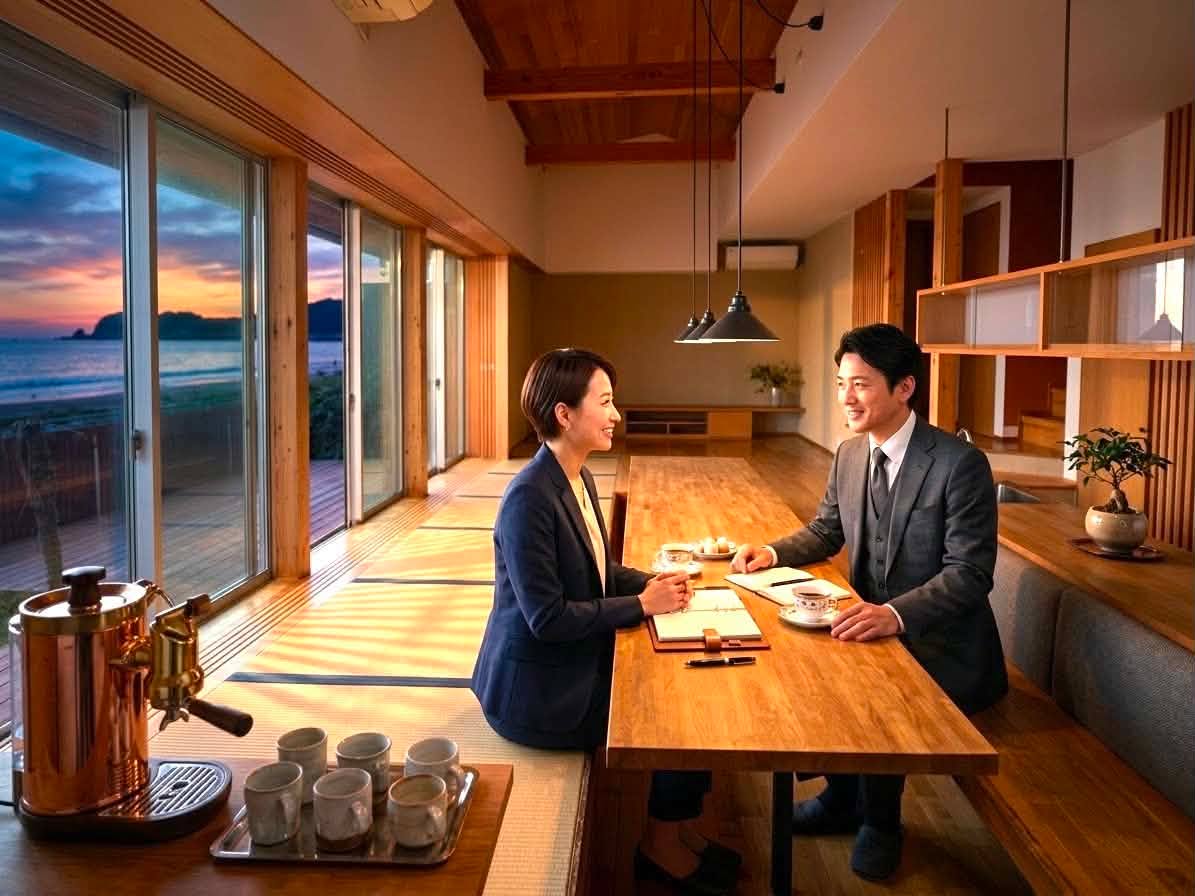 海に面した窓のある部屋で、カウンターを挟んで2人が向かい合って話している様子